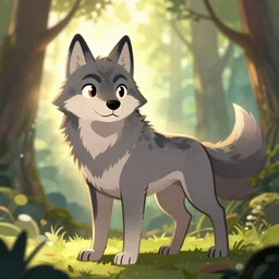 a pretty medieval anthropomorphic wolf with a fluffy tail in the forest, comic art, trending on furaffinity, cartoon, kawaii, backlighting, furry art!!!, radiant light, bokeh, trending on artstation, digital art