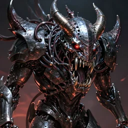 a cybernetic demon with massive metallic fangs surrounded by horrific tendrils and cables fused with metal panels, evil color scheme, dark fantasy, cinematic lighting, smooth,, digital painting, diablo concept art, blizzard studios, trending on artstation, concept art