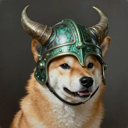 detailed photorealistic painting of a shiba inu wearing a highly detailed ornamented bronze typical viking helmet with two horns, sharp focus in the style of ruan jia, Mandy jurgens, cinematic light, concept art, trending on artstation, ultra realistic