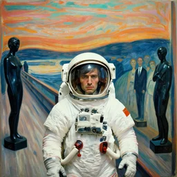 portrait of an astronaut wearing helmet 3 5 mm cinestil, interior room, edvard munch, obsidian statues, scene from the godfather, crowd of smiles, miles johnston, cynical realism, lucian freud, monet, bruce bickford masterpiece, turquoise and orange and pink, ruan jia