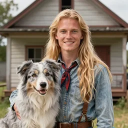 highly detailed portrait of a blonde long - haired hillbilly in front of old style house, with his fluffy light gray australian shepherd, stephen bliss, art by greg rutkowski, loish, rhads, ferdinand knab, makoto shinkai and lois van baarle, artgerm, pixar, ilya kuvshinov, rossdraws, tom bagshaw, global illumination