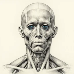 a portrait sketch of a biomechanical human, eyes replaced with an a array of sensors, muscle striation visible, by Simon Bisley
