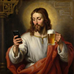 a renaissance oil painting of jesus holding a smartphone and drinking beer