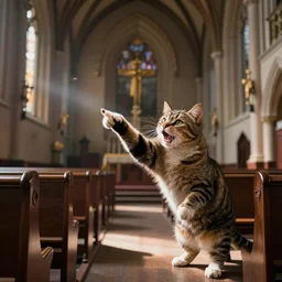 a cat shooting church pews while shouting pew pew pew, ultra realistic, cgsociety