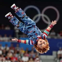 screaming chucky doll performing a perfect 1 0 dive at olympics