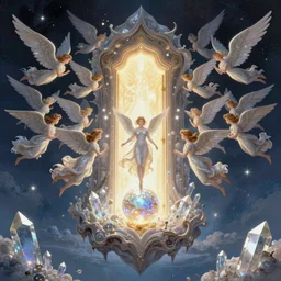 a symmetrical!!! delicate mtg illustration by charles vess and kawase hasui of a flock of radiant seraphim emerging from the glowing doorway of a massive vulva - shaped temple made of smooth organic architecture and floating in the astral plane and constructed of house - sized crystals and a bulb of the vestibule made of iridescent pearl