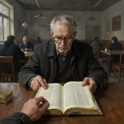 dark oil realistic painting an old man with glasses pulls out a dictionary first person perspective in a gloomy communist cafeteria