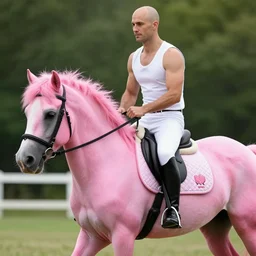 bald man riding a pink pony