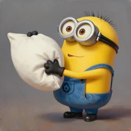 a beautiful oil painting of a minion who gets beaten with a pillow, minion gets beaten with pillow, trending on artstation