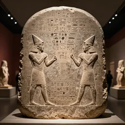 ancient mesopotamian stone stele, cuneiform, carvings of superman. presented in a museum