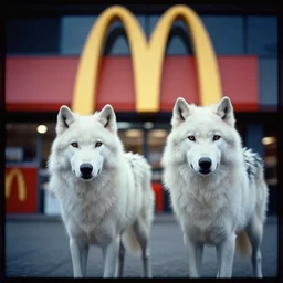 lomo photo of two white wolves standing in front of mcdonalds, cinestill, bokeh, out of focus, dramatic lighting, detailed, grainy