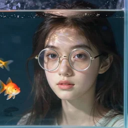 a portrait of a girl with fish tank rounded glasses digital art, trending on art station, high detailed