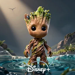 little cute Groot is half covered by water, poster, by disney plus