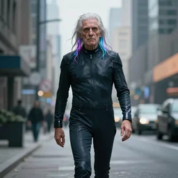 full portrait of an elderly orthodox patriarch spy with thin lustrous vibrant electric Cyberpunk hair wearing a bodysuit walking in a city, reflections, focus, detailed, realistic eyes, symmetric body features arms hands legs proportions, intricate facial skin details, award winning, trending in cgsociety artstation deviant art, octane render, by boris Vallejo and Tom Bagshaw and Beeple