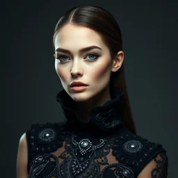portrait of beautiful female model, perfect symmetrical pose, sharp, by irakli nadar with intricate detailed wearing avant garde outfit designed by alexander mcqueen and rocky gathercole, haunting, elite, elegant, ruan jia, dark, hyper detailed, concept art, by gustav klimt