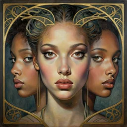 a streamline moderne, art nouveau, multi - ethnic and multi - racial portrait in the style of artgerm, and in the style of donato giancola, and in the style of charles dulac. intelligent, expressive, very large eyes. symmetry, ultrasharp focus, dramatic lighting, photorealistic digital painting, intricate, elegant, highly detailed, symmetrical.