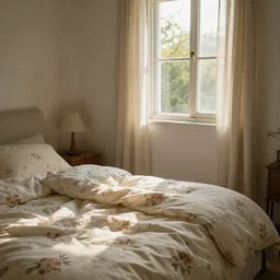 cozy room in the morning, sun coming in through the partially open window, photography, calm atmosphere, flower - printed bed.