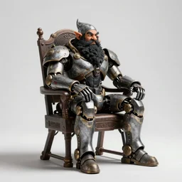 dwarf fighter sitting in chair robot mech, exquisite details, black beard, white background, by studio muti