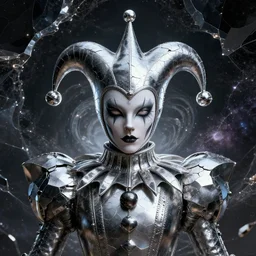 front shot of a court jester character fine portrait fine portrait mesmerizing fractal hyper cubes platinum cracked dark future hyper dimensional space galactic crystal nebula edges elegant detailed intricate concept artstation sharp focus ray tracing cinematic masterpiece octane render nvidia temporal corruption beeple