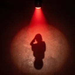 red light from above shines through and casts her shape on the floor below