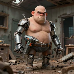 grumpy chunky bald handyman cyborg, mechanical drill! hammer hands, in a dusty wrecked home, full body, hyperrealistic digital art masterpiece, highly detailed neo pop surrealism, jason limon kay sage hannah yata, dramatic lighting, low angle, uhd 8 k, sharp focus