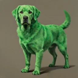 hyperrealist, studio ghibli dull colors painting from close encounters of the third kind 1 9 7 7 of a green labrador retriever with shaggy green fur and green dye.