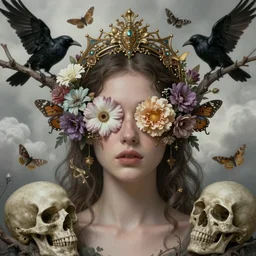 ornate, intricate, young, beautiful, woman, realistic portrait, ethereal, flowers covering eyes, skulls, soft clean focus, art by emil melmoth, gustave dore, craig mullins, yoji shinkawa, art germ, pete morbacher, david lynch, hyper detailed, high detail, artstation, hyperrealistic, unreal engine 5, ravens, branches, ghost, clouds, colors, moths, gold, morbid headpiece,