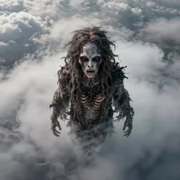 an eternal being that lives above the clouds, realistic lighting, aerial view, creepy atmosphere