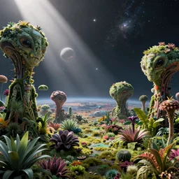 photo of a beautiful alien landscape, on an alien planet, lush vegetation made up of alien plants, universe in the background