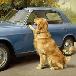a golden retriever trying to sell a used car, painting by Norman Rockwell