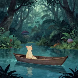 animal in a boat floating on a river in the jungle. digital drawing, ultra detailed, cool color palette, wes anderson, amelie poulain, tim burton, tomm moore