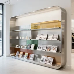 retail store, minimal, stainless steel and color glass, rounding edge, frame magazine, archidaily, flowr shop