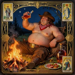 a dramatic, epic, ethereal painting of a (!!!!!handsome!!!!!) thicc chunky beefy mischievous shirtless with a big beer belly wearing a large belt and bandana offering a whiskey bottle | he is a cowboy relaxing by a campfire | background is a late night with food and jugs of whisky | homoerotic | stars, tarot card, art deco, art nouveau, intricate | by Mark Maggiori (((and Alphonse Mucha))) | trending on artstation