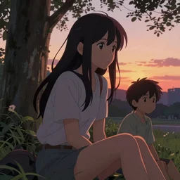 a beautiful girl with long dark hair, sitting in the park next to her younger brother who has dark hair, sunset, evening, sharp focus, intricate, digital painting, artstation, official media, anime key visual, highly detailed, rich vivid colors, ambient lighting, illustration, art by Artgerm, Makoto Shinkai, Ilya Kuvshinov, Lois Van Baarle, and Rossdraws