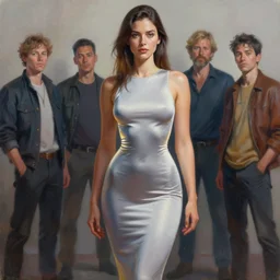 a painting of a female wearing a skintight dress. by edward robert hughes and craig davison and tooth wu and wlop and beeple and greg rutkowski. trending on artstation, highly detailed, volumetric lightning