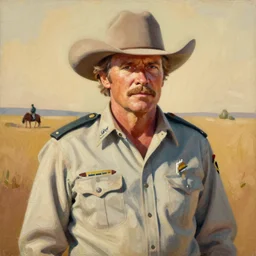portrait of tommy lee jones as sheriff ed tom bell in no country for old men. 7 0 s cowboy clothes and environment. flat colours. warm colours. oil painting by lucian freud. path traced, highly detailed, high quality, j. c. leyendecker, drew struzan tomasz alen kopera, peter mohrbacher, donato giancola