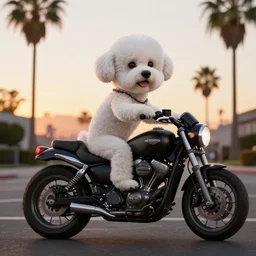 a photorealistic image of bichon frise riding on a black motorcycle in Hollywood at sundown. Palm trees in the background. This 4K HD image is Trending on Artstation, featured on Behance, well-rendered, extra crisp, features intricate detail and the style of Unreal Engine.