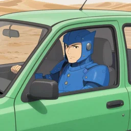 blue knight in a green hatchback car, close up, anime, desert landscape, greg manchess, akehiko inoue and ross tran, Pyromallis Nekro Rene Margitte