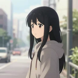 infinitely detailed black haired girl wearing hoodie, city bright daylight background, anime by shinkai makoto, highly detailed, lonely scenery yet peaceful, atmospheric, ambient lighting