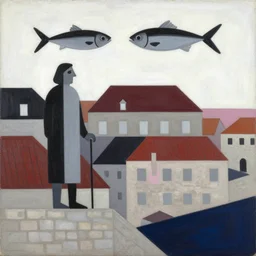 “ an acryllic painting dubrovnik, on a pale background, muted palette mostly white, black, gray, dark red, dark blue, pink, evil fisherman, dadaism, dada, mixed media, in the styles of both joan miro and mark rothko ”