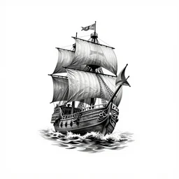 a pirate ship sailing in the sea realism tattoo design on white background, by Matteo Pasqualin tattoo artist