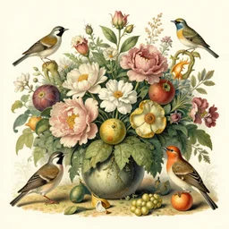 vintage illustration, bizarre compositions, blend of flowers, fruits, birds by beto val, john james audubon, exquisite detail