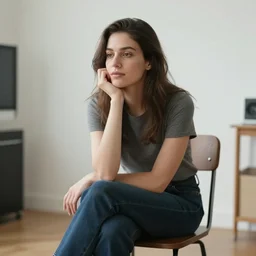 casual photograph of a woman sitting in a studio room pensively, face with the poise and appearance of the ( ( ( ( ( ( ( ( mona lisa ) ) ) ) ) ) ) ), smartphone photo