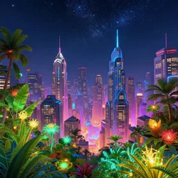 a beautiful futuristic cityscape, beautiful plants, glowing plants, breathtaking stars, breathtaking lights, night lights, brilliant lights, very detailed, 4 k, 8 k, sharp focus, surrealism, art deco, vibrant color scheme, cgsociety, 2 d art, acid pixie, by beeple