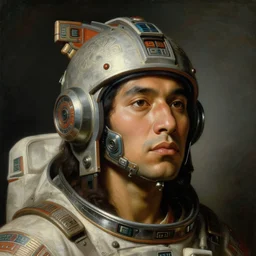 a baroque neoclassicist close - up portrait of a retrofuturistic mayan astronaut farmer wearing ancient technology. head, face and shoulders, foggy background. renaissance portrait painting. highly detailed science fiction painting by norman rockwell, frank frazetta, and syd mead. rich colors, high contrast, gloomy atmosphere, dark background. trending on artstation.