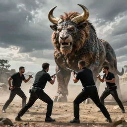 4k photorealistic men in black fighting a giant minotaur