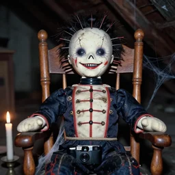 closeup old flash photo of a creepy dirty smiling cracked hellraiser victorian ventriloquist dummy sitting in a rocking chair in an old abandoned attic at night, candles, spider webs, disposable camera, guillermo del toro, hp lovecraft, wes anderson, greg rutkowski,