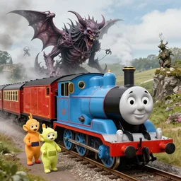 still frame from thomas and friends by giger, happy teletubbies train by wayne barlowe, eldrich see thomas train by beksinski, grandiose demonic train with locomotive and endless wagons, 🚂