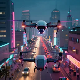 3 d vfx art of flying drones above - a neon lit - bustling lagos urban street - in nigeria, cinestill 8 0 0 t photograph, unreal engine render, digital illustration, illustration style by mike winkelmann, sharp, intricate detail, volumetric light, ray tracing, soft light, colourful, surreal environment, first person view,