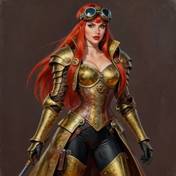 Steampunk Pin-up girl, alluring, latina skin, red hair, long straight hair, fully armor, brass colored armor coat, brown corset, black skintight bodysuit underneath, gears, goggles on forehead, posing, trending on artstation, artstationHD, artstationHQ, acrylic painting, realistic